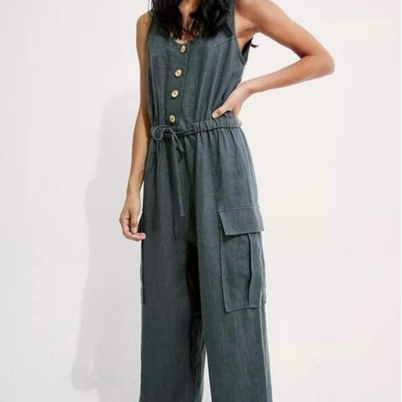 Back Beat Co Linen Blend Cargo Jumpsuit Deep teal  Utility Lounge Coastal Size M - Picture 3 of 9